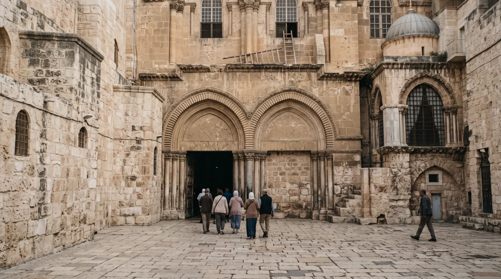 The forecourt and doorway of the Church of the Holy Sepulchre, on Jerusalem tours