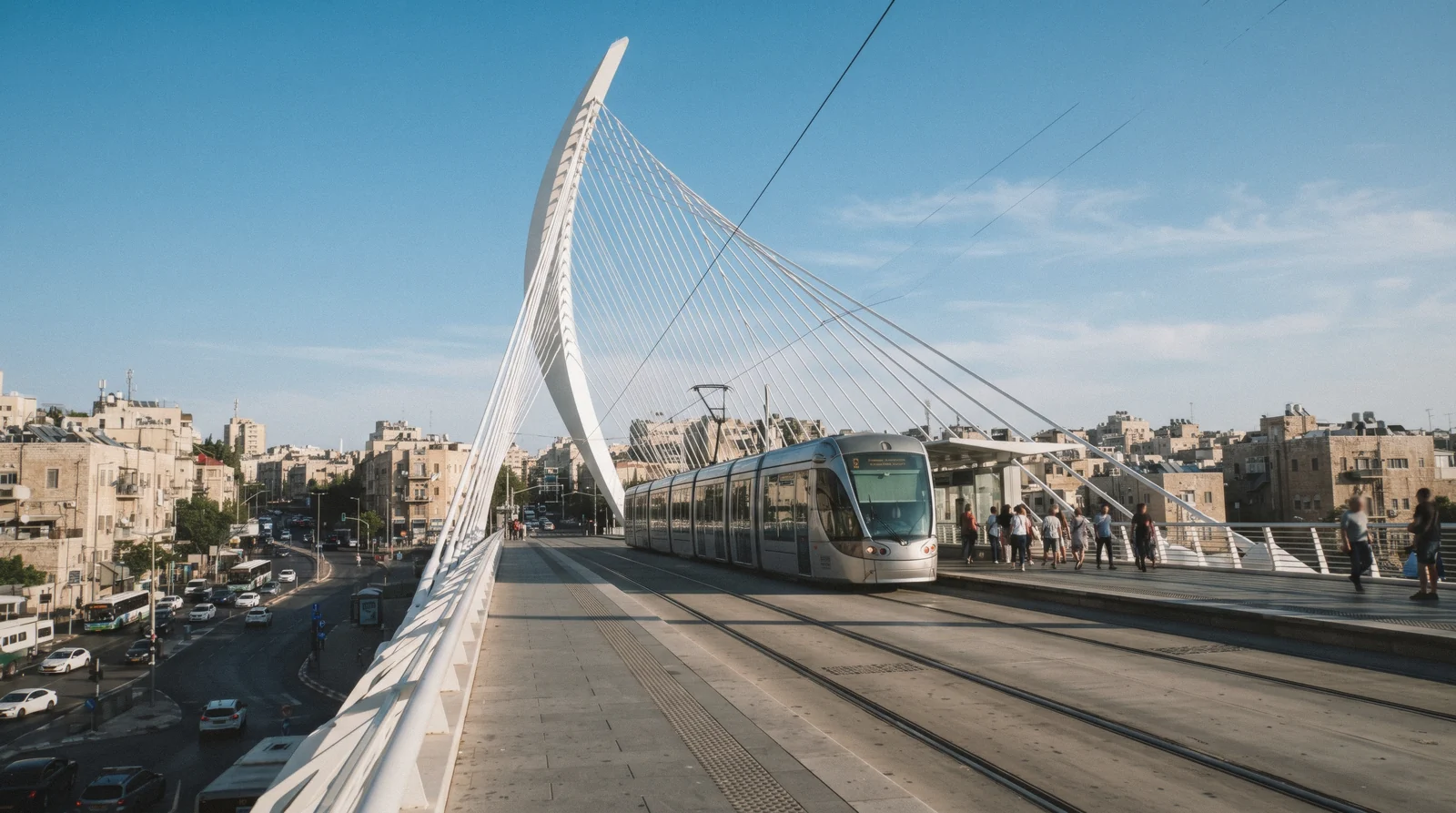 The silver Jerusalem light rail tram crossing the white Chords Bridge at the city entrance at 17:00 under a clear blue sky, getting around jerusalem