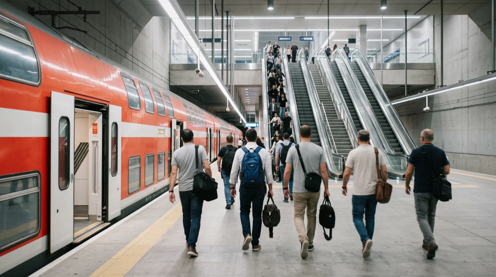 A modern double-deck intercity train at an underground platform at Jerusalem Yitzhak Navon station at 08:00, tel aviv to jerusalem