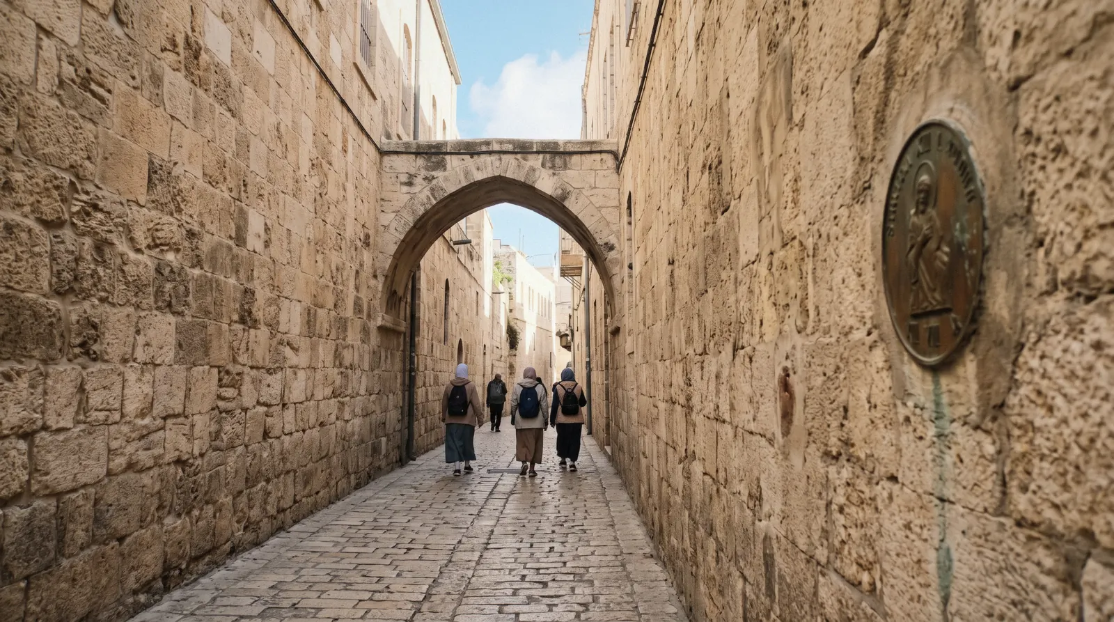 A stone lane of the Via Dolorosa under an arch, on Jerusalem tours