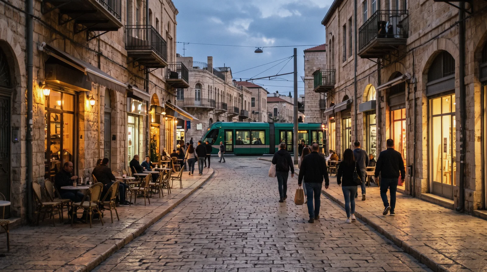 A pedestrian stone street in central West Jerusalem near Ben Yehuda at dusk, where to stay in jerusalem